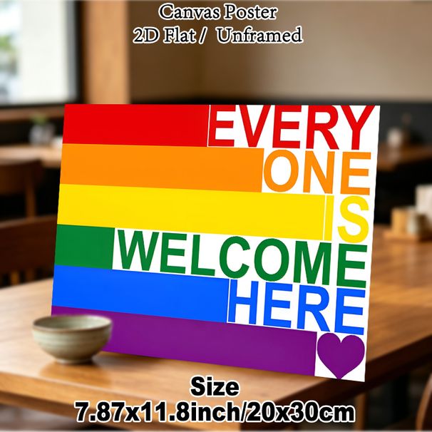 Rainbow Striped Welcoming Slogan Painting Poster, Vibrant Color-blocked Text Art Poster, Warm Inclusive Message Suitable For Home, Café And Community_maomaolike.com