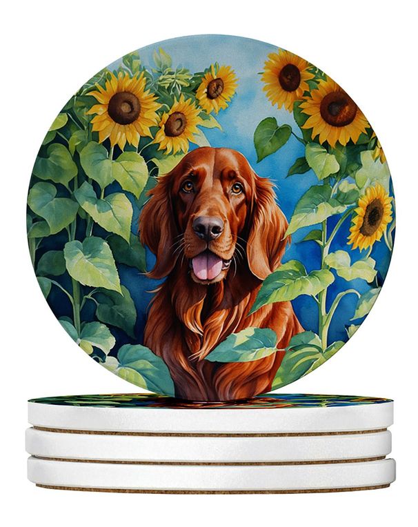 Irish Setter In Sunflowers Large Sandstone Coasters Pack Of 4 Absorbent Round Coasters Decor Gifts For Men Or Women, 4 In, Multicolor_maomaolike.com