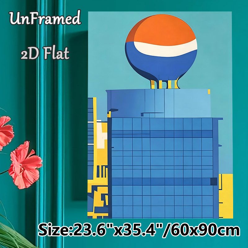 Urban Hot Air Balloon Painting Poster, Minimalist Flat Graphic Style Poster, Vibrant Colored Cityscape With Striped Balloon, Modern Artistic Decor For_maomaolike.com