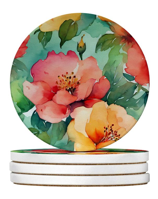 Georgia Cherokee Rose In Watercolor Large Sandstone Coasters Pack Of 4 Absorbent Round Coasters Decor Gifts For Men Or Women, 4 In, Multicolor_maomaolike.com