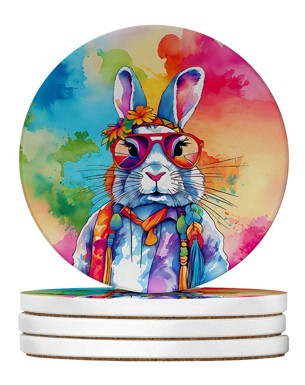 Hippie Animal Rabbit Large Sandstone Coasters Pack Of 4 Absorbent Round Coasters Decor Gifts For Men Or Women, 4 In, Multicolor_maomaolike.com