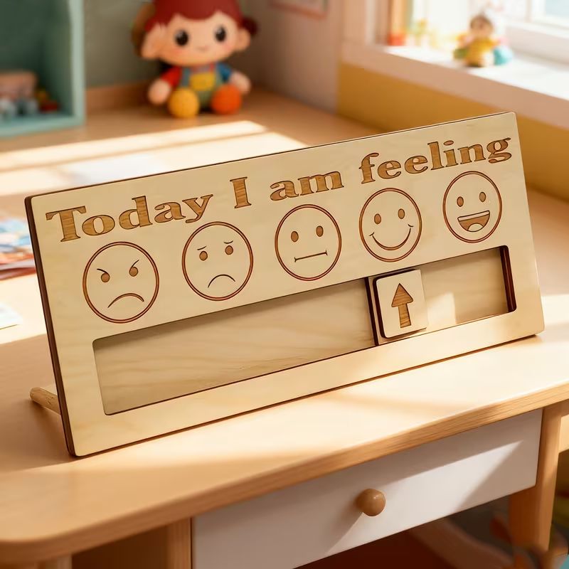 2D Flat Wooden Emotion Expression Sign - "Today I Am Feeling" With 5 Emotion Symbols (Angry, Disgusted, Sad, Neutral, Happy, Joyful)_maomaolike.com