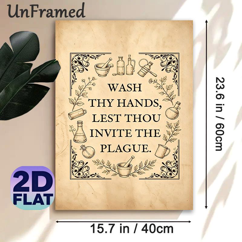 Vintage Hand Washing Reminder Painting Poster, Retro Sketch-style Poster With Apothecary Tools & Herbal Motifs, Humorous Hygiene Reminder Suitable For_maomaolike.com