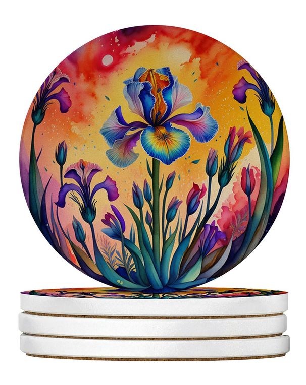 Colorful Iris Large Sandstone Coasters Pack Of 4 Absorbent Round Coasters Decor Gifts For Men Or Women, 4 In, Multicolor_maomaolike.com