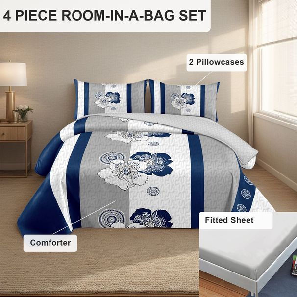 4 Piece Soft All-Season Washed Microfiber And Viscose Comforter Set , With Comforter, Sheet, Pillowcases & Shams, Print, Flowerd, Moisture-Wicking, Silky Soft Texture, Cooling, Breathable, Easy Care_maomaolike.com