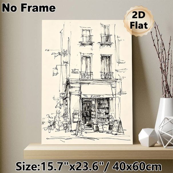 Vintage Building Sketch Painting Poster, Minimalist Hand-drawn Ink Street-side Building Poster, Artistic Sketch Design Adds Refined Charm, Ideal For_maomaolike.com