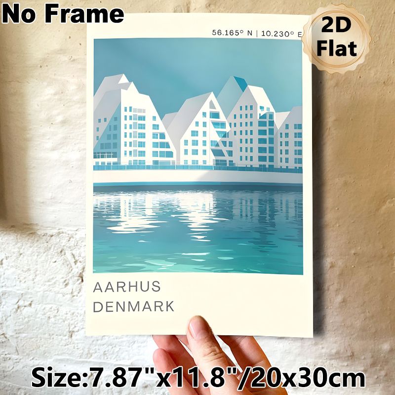 Aarhus Denmark Coastal Architecture Painting Poster, Minimalist Soft-toned Waterfront Building Poster, Serene Urban Coastal Decor Suitable For Living_maomaolike.com