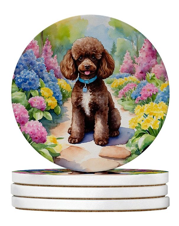 Chocolate Poodle Spring Path Large Sandstone Coasters Pack Of 4 Absorbent Round Coasters Decor Gifts For Men Or Women, 4 In, Multicolor_maomaolike.com