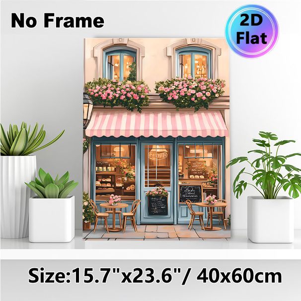 French Café Themed Painting Poster, Warm-toned Cozy European Street Style Poster, Inviting Floral Café Storefront Design, Ideal For Living Room, Café_maomaolike.com