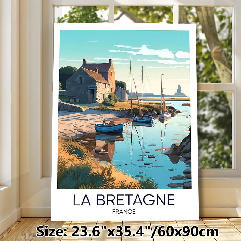 Brittany France Coastal Village Painting Poster, Warm-toned Stylized Illustration Poster, Serene Harbor Scene With Boats & Stone Cottages, Peaceful_maomaolike.com
