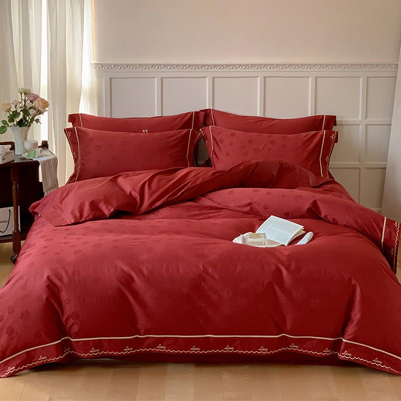 1 Wedding 100s Long-staple Jacquard Four-piece Set All Pure Cotton Bed Sheet Embroidered Double Quilt Cover Simple Bedding 1.8_maomaolike.com