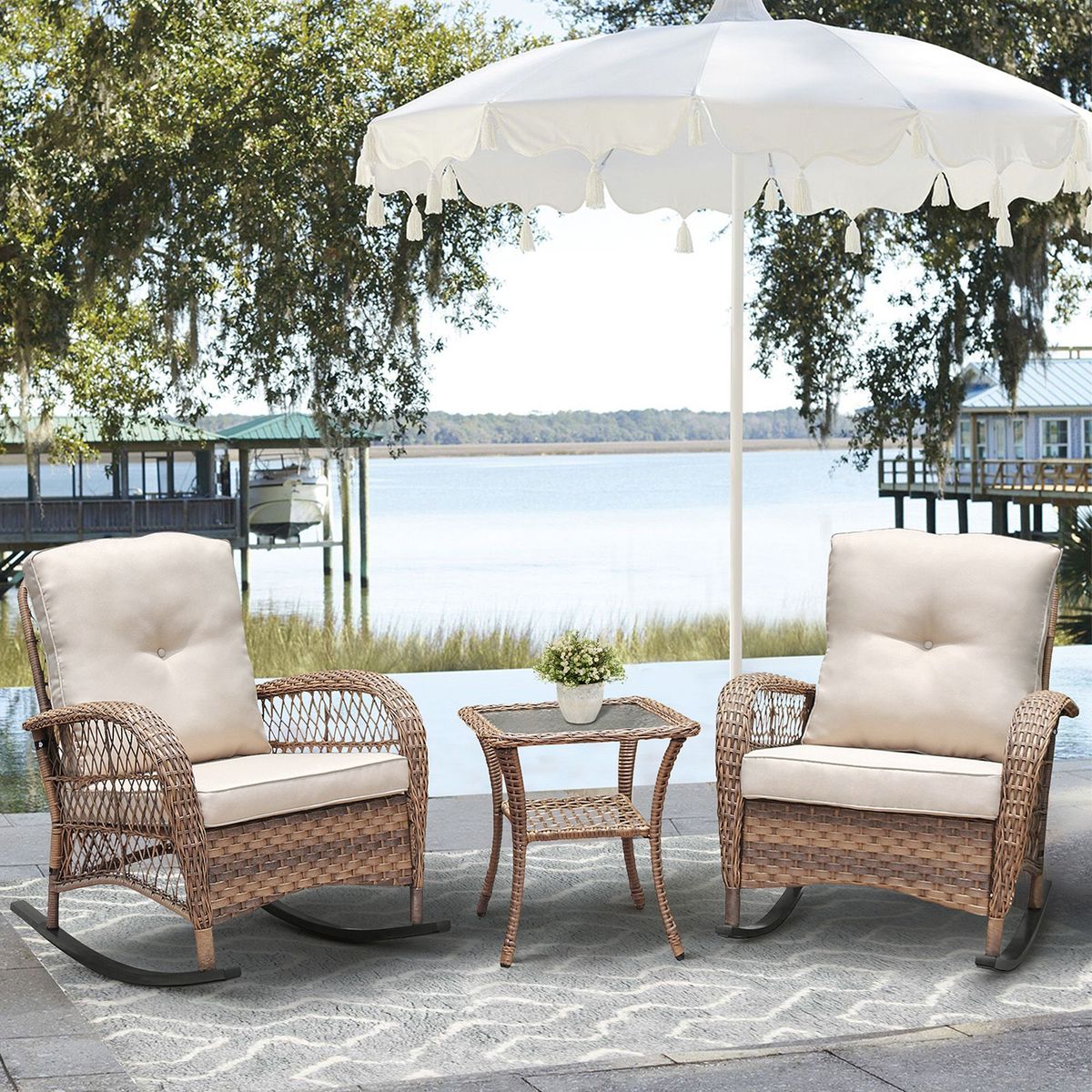 3Pcs Outdoor Patio Wicker Rocking Porch Chair With Waterproof Cushions,Khaki_maomaolike.com