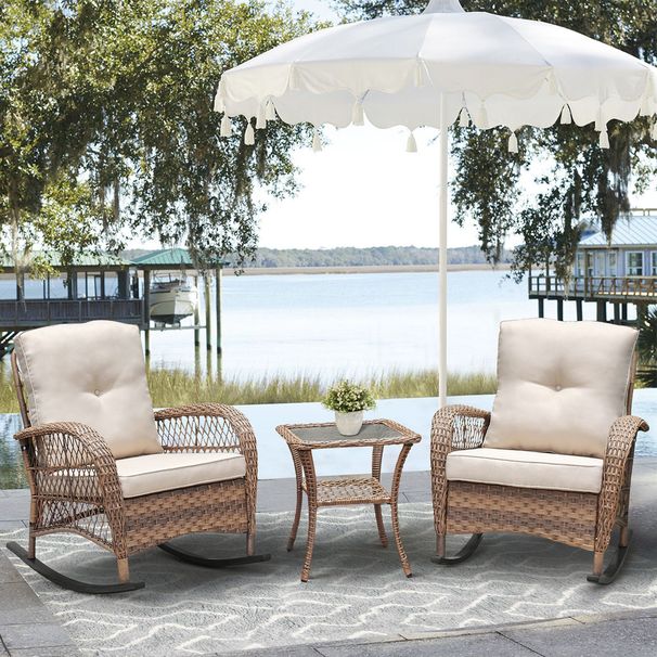 3Pcs Outdoor Patio Wicker Rocking Porch Chair With Waterproof Cushions,Khaki_maomaolike.com