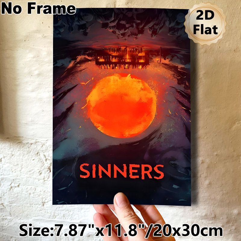 "SINNERS" Dark Themed Painting Poster, Moody Surreal Scene With Glowing Red Orb And Dimly Lit Cabin Poster, Atmospheric Dramatic Artwork Ideal For_maomaolike.com