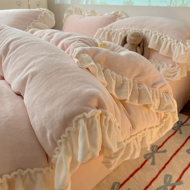 Wholesale INS Korean Style Princess Ruffled Lace Milk Velvet Winter Warm Solid Color Flannel Four-Piece Set_maomaolike.com