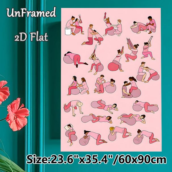 Prenatal Labor & Birthing Exercises Painting Poster, Soft Pink Cartoon-style Poster, Features Guided Birthing Poses With Partner Support, Ideal For_maomaolike.com