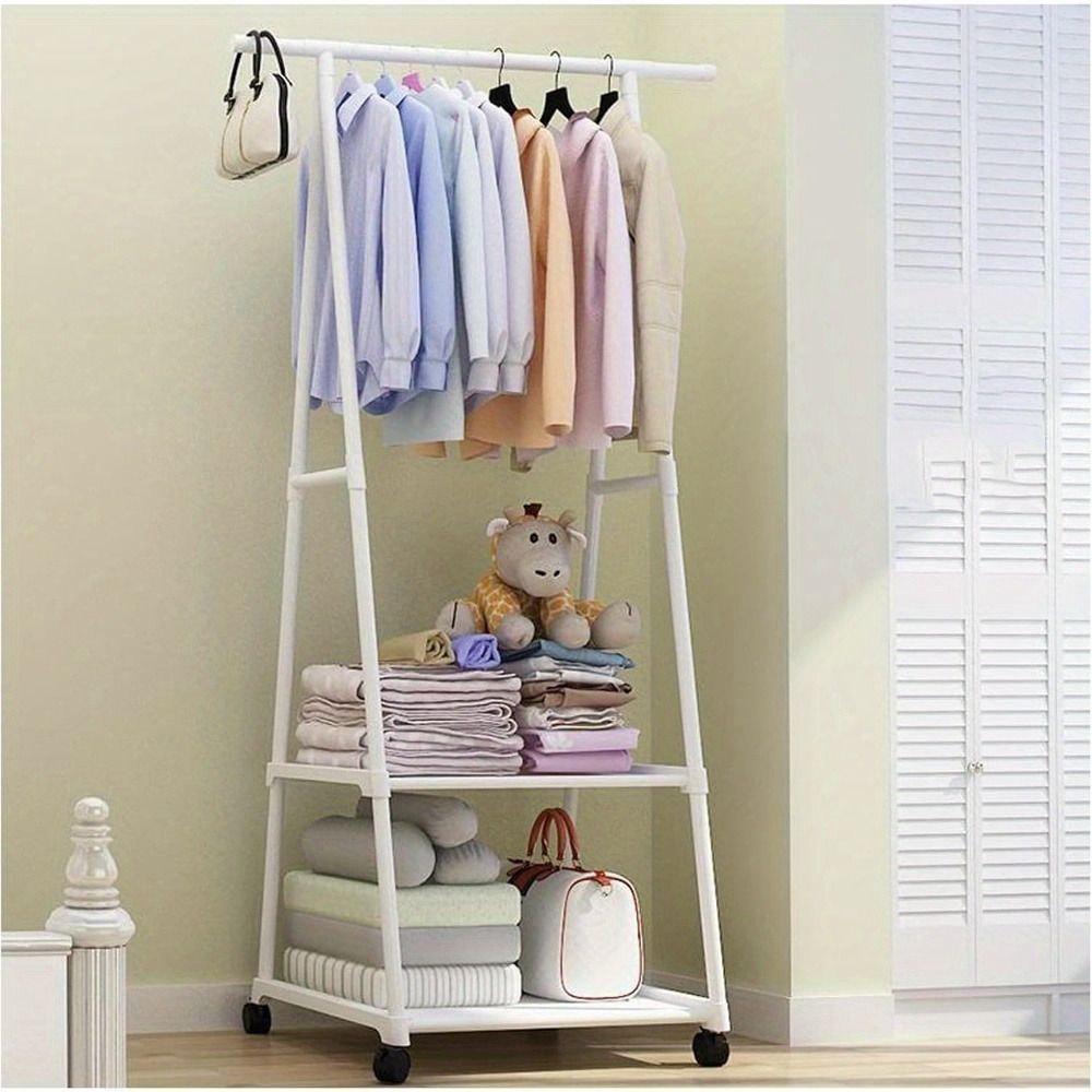 Stainless Steel Rolling Garment Rack With 2-Tier Shelves And 2 Hooks, Portable Metal And Plastic Clothes Organizer, Multipurpose Home Office Clothing Rack With Wheels_maomaolike.com