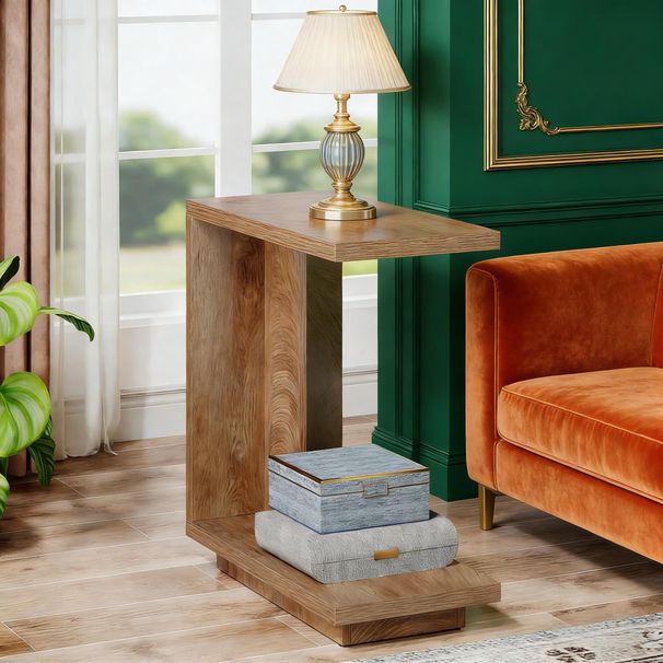 C-Shaped End Table, Wood Side Table Nightstand Bedside Table_maomaolike.com