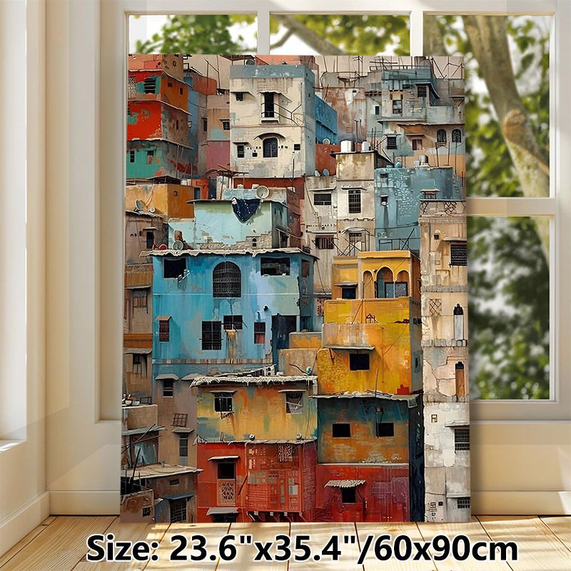 Colorful Stacked Urban Buildings Painting Poster, Weathered Rustic Dense Cityscape Poster, Brings Rich Cultural Urban Vibe Ideal For Living Room_maomaolike.com