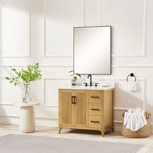36 Inch Solid Wood Pre-assembled Bathroom Vanity With Power Supply--Natural Oak_maomaolike.com