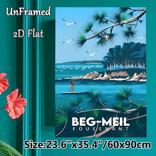 Beg-Meil Coastal Stand-Up Paddling Painting Poster, Vibrant Flat-style Seaside Scene Poster, Serene Nautical Decor Ideal For Living Room, Bedroom Or_maomaolike.com
