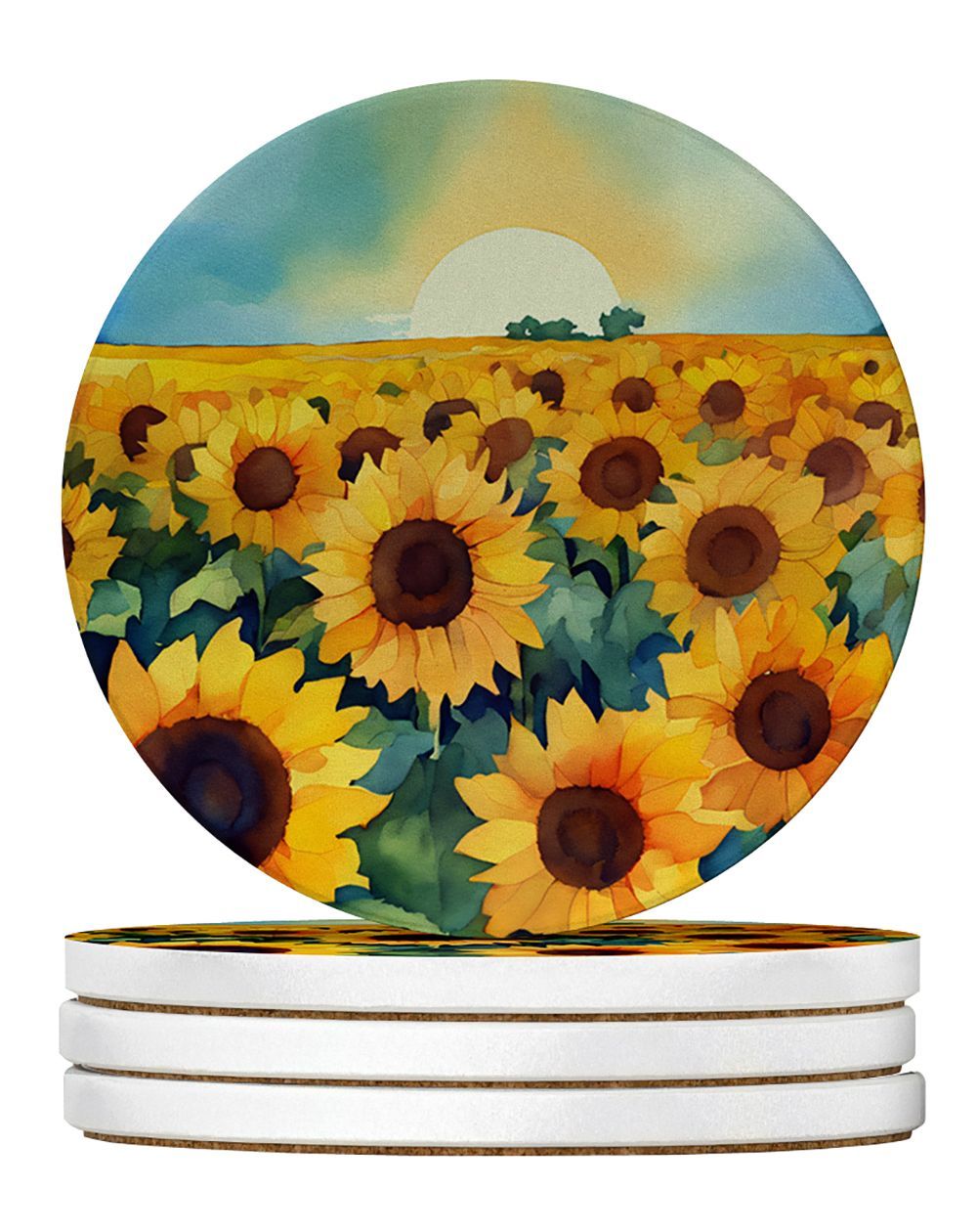 Kansas Sunflowers In Watercolor Large Sandstone Coasters Pack Of 4 Absorbent Round Coasters Decor Gifts For Men Or Women, 4 In, Multicolor_maomaolike.com