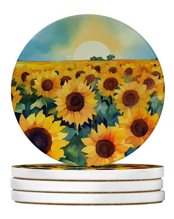 Kansas Sunflowers In Watercolor Large Sandstone Coasters Pack Of 4 Absorbent Round Coasters Decor Gifts For Men Or Women, 4 In, Multicolor_maomaolike.com
