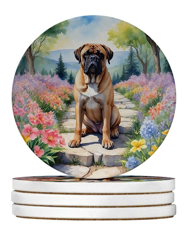 Bullmastiff Spring Path Large Sandstone Coasters Pack Of 4 Absorbent Round Coasters Decor Gifts For Men Or Women, 4 In, Multicolor_maomaolike.com