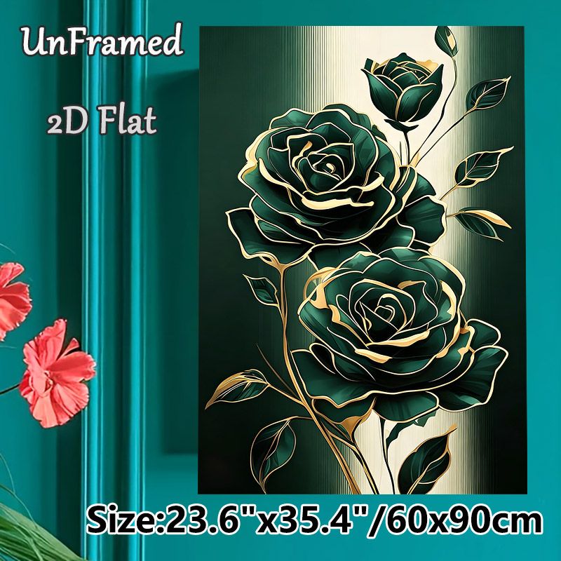 Emerald Rose Painting Poster, Elegant Gold-outlined Floral Poster, Sophisticated Dark Green Roses With Delicate Golden Trim, Stylish Wall Decor For_maomaolike.com