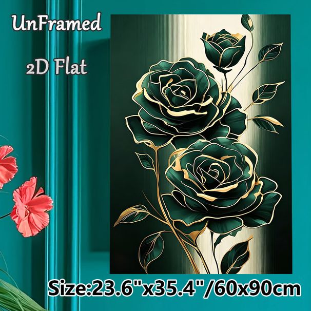 Emerald Rose Painting Poster, Elegant Gold-outlined Floral Poster, Sophisticated Dark Green Roses With Delicate Golden Trim, Stylish Wall Decor For_maomaolike.com