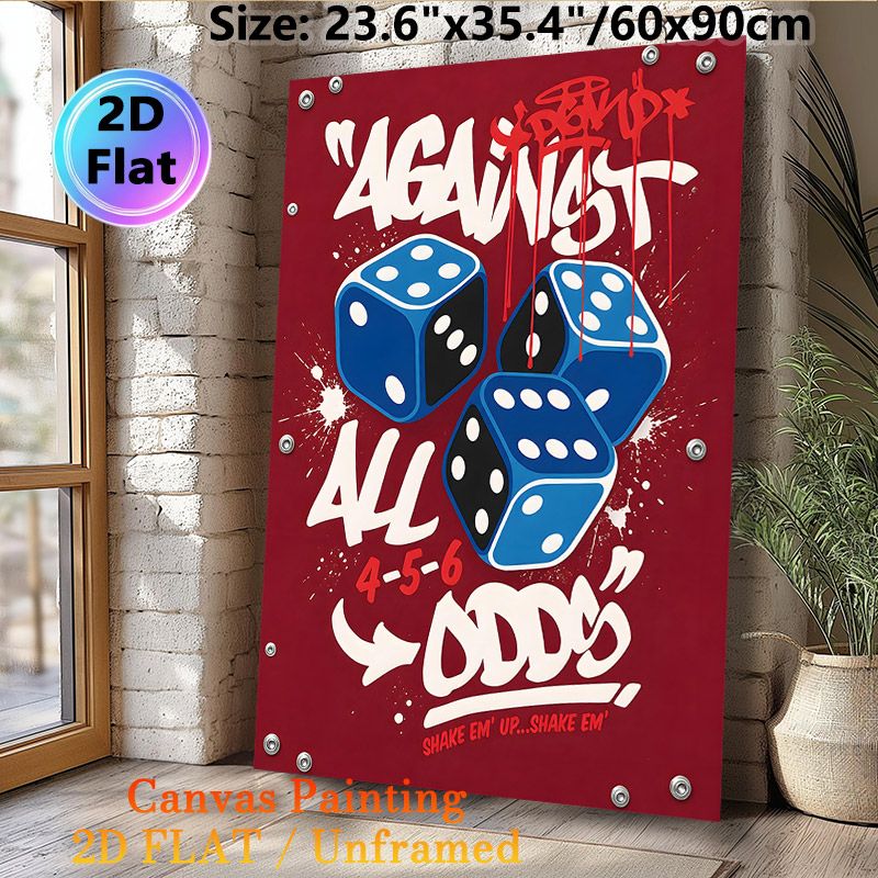 Dice Themed Painting Poster, Vibrant Graffiti Style Poster, Bold Blue Dice With "Against All Odds" Typography On Deep Red Backdrop, Eye-catching Urban_maomaolike.com