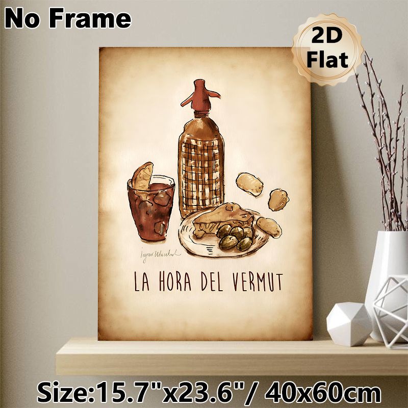 Vermouth Hour Themed Painting Poster, Vintage Hand-drawn Vermouth Bottle, Drink & Snacks Scene Poster, Warm Retro Decor Ideal For Dining Room And_maomaolike.com