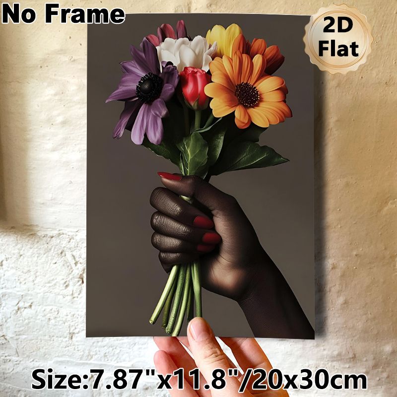 Hand Holding Colorful Flower Bouquet Painting Poster, Vibrant Realistic Floral Art Poster, Elegant Decorative Artwork Ideal For Living Room, Bedroom_maomaolike.com