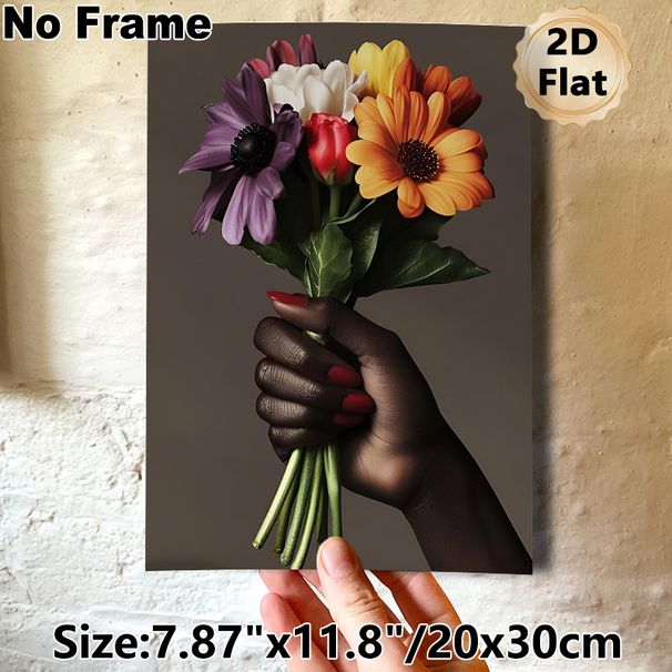 Hand Holding Colorful Flower Bouquet Painting Poster, Vibrant Realistic Floral Art Poster, Elegant Decorative Artwork Ideal For Living Room, Bedroom_maomaolike.com