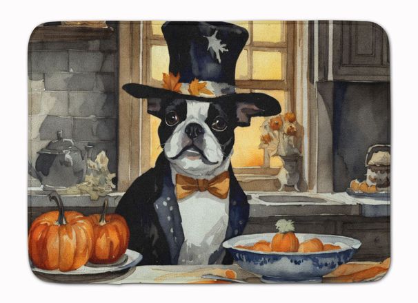 Boston Terrier Fall Kitchen Pumpkins Memory Foam Kitchen Mat Machine Washable Anti-Fatigue Mat Cushion Comfort Bath Mat Or Kitchen Rug_maomaolike.com