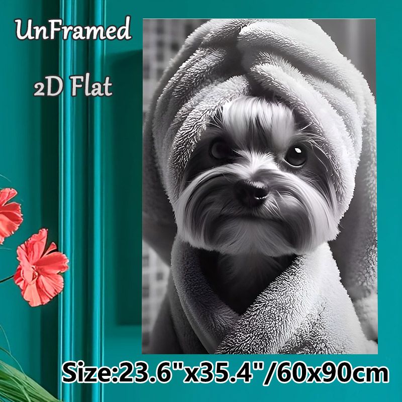 Cute Dog Painting Poster, Monochrome Realistic Fluffy Dog Wrapped In Towel Poster, Warm Cozy Vibe Ideal For Bedroom, Living Room And Pet Lovers_maomaolike.com