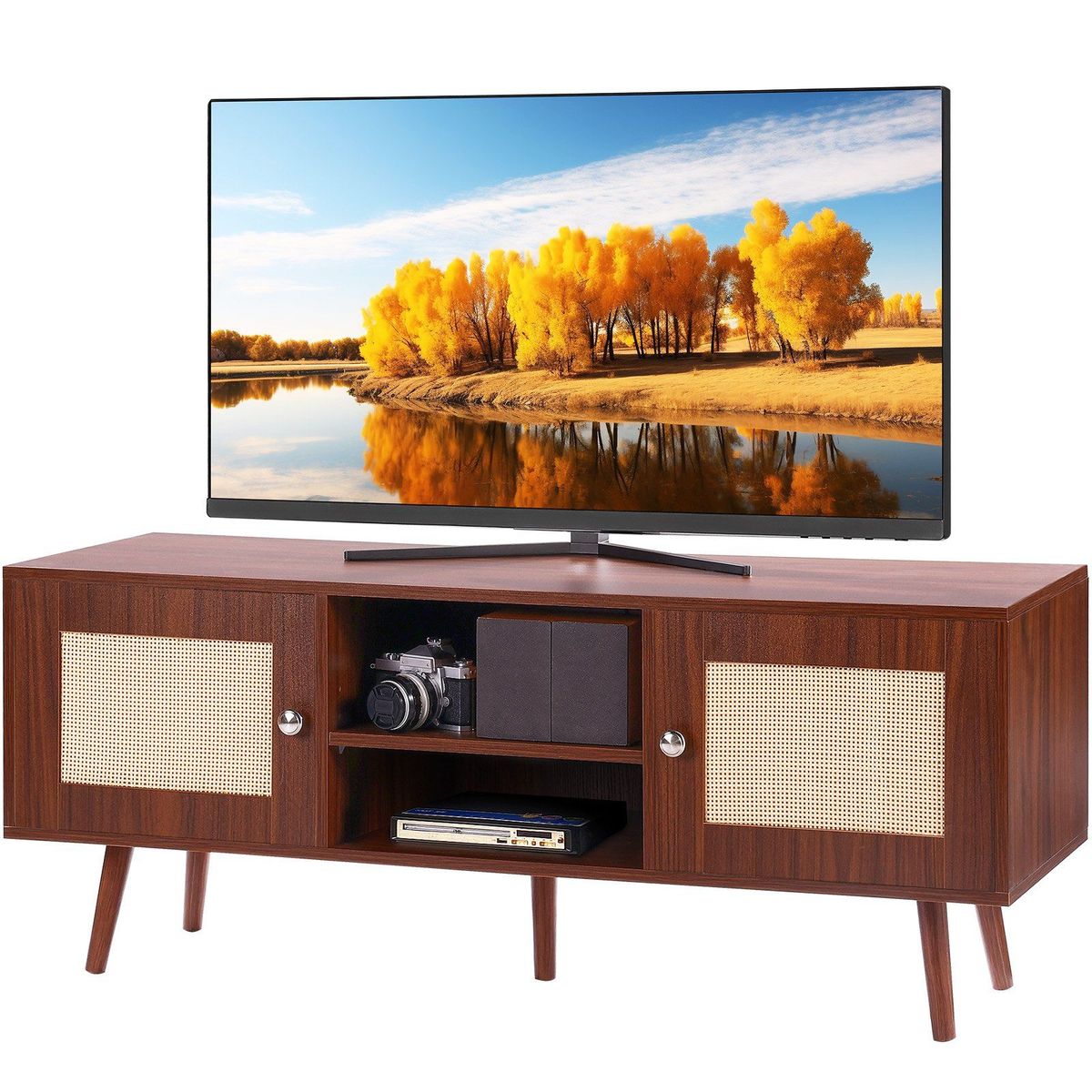 VEVOR Rattan TV Stand, Boho TV Cabinet For 55 Inch TV, Mid Century Modern TV Stand, Rattan TV Console With Adjustable Shelfs For Living Room, Media Room, Walnut_maomaolike.com