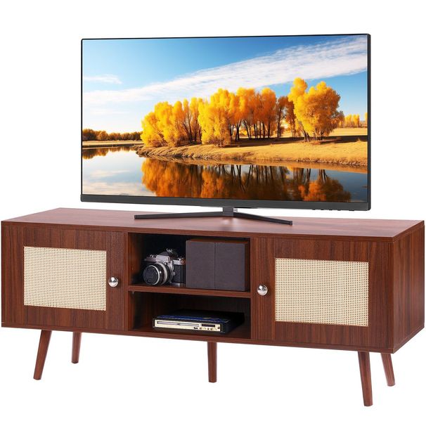 VEVOR Rattan TV Stand, Boho TV Cabinet For 55 Inch TV, Mid Century Modern TV Stand, Rattan TV Console With Adjustable Shelfs For Living Room, Media Room, Walnut_maomaolike.com