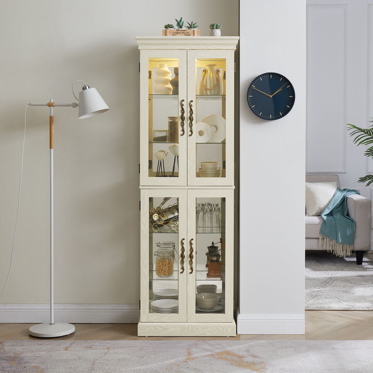Lighted Glass Curio Display Cabinet,Display Cabinet,Glass Storage Cabinet Glass Wine Cabinet Wood Frame Toy Display For Living Room, Kitchen, Pantry Light Bulb Included Antique White_maomaolike.com
