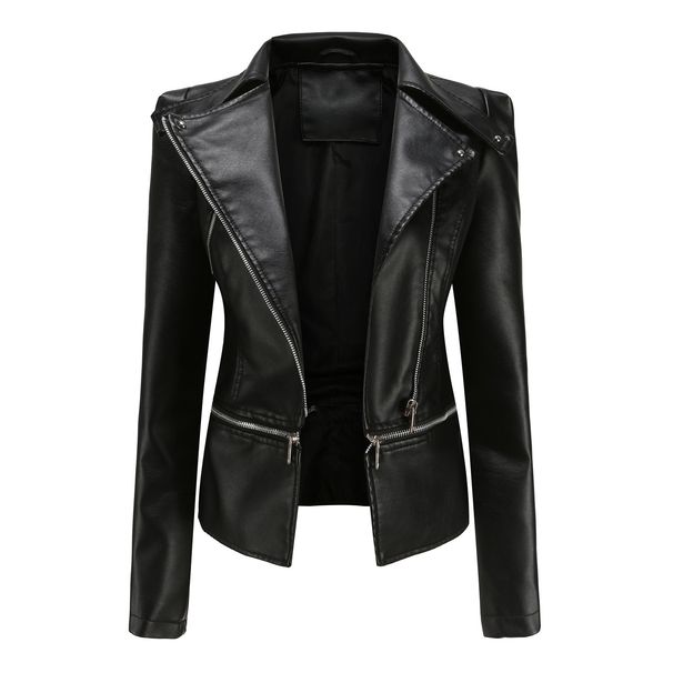 Women's leather jacket Long sleeve PU short jacket with hem removable jacket biker jacket_maomaolike.com