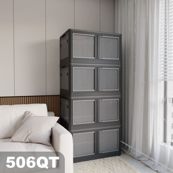 506QT 4-Pack Transparent Stackable Storage Bins With 5 Doors To Open With Wheels, Folding Plastic Craft Containers Large Closet Organizers Box For Bedrooms Living Rooms Study Kids' Toys, Black_maomaolike.com