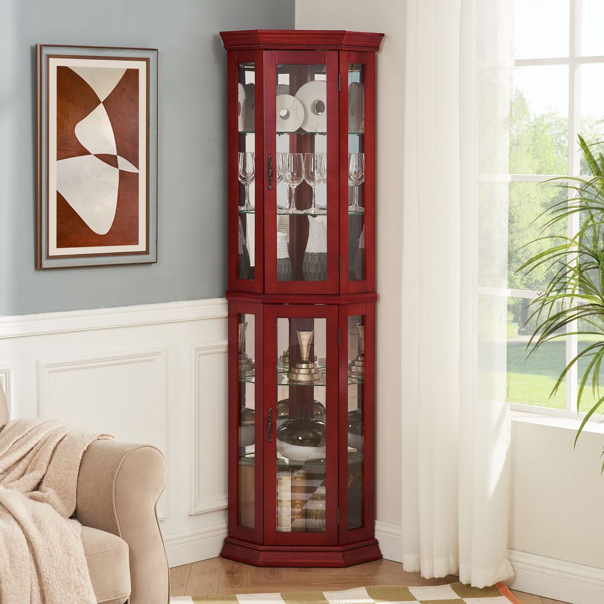 Corner Curio Cabinet Lighted Corner Display, Glass Display Shelf Shelving Bar Cabinet With Tempered Glass Door, Bar Cabinet,Cabinet With Adjustable Shelf Glass Cabinet Shelves Bead Bulb Included_maomaolike.com