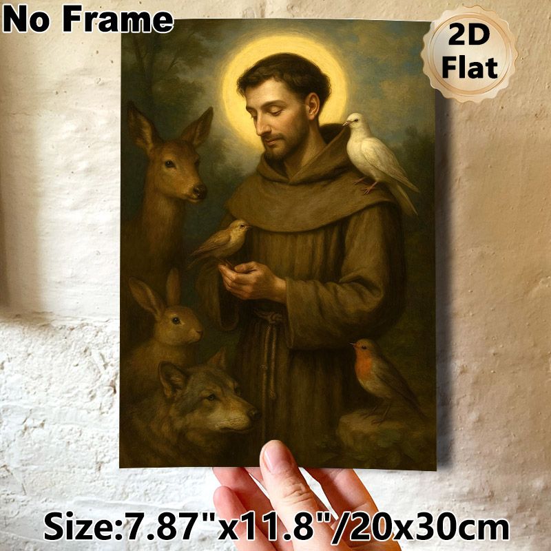 Saint Francis With Wildlife Painting Poster, Classic Oil Painting Style Poster, Peaceful Spiritual Artwork Featuring Saint Surrounded By Gentle Forest_maomaolike.com