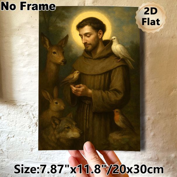 Saint Francis With Wildlife Painting Poster, Classic Oil Painting Style Poster, Peaceful Spiritual Artwork Featuring Saint Surrounded By Gentle Forest_maomaolike.com