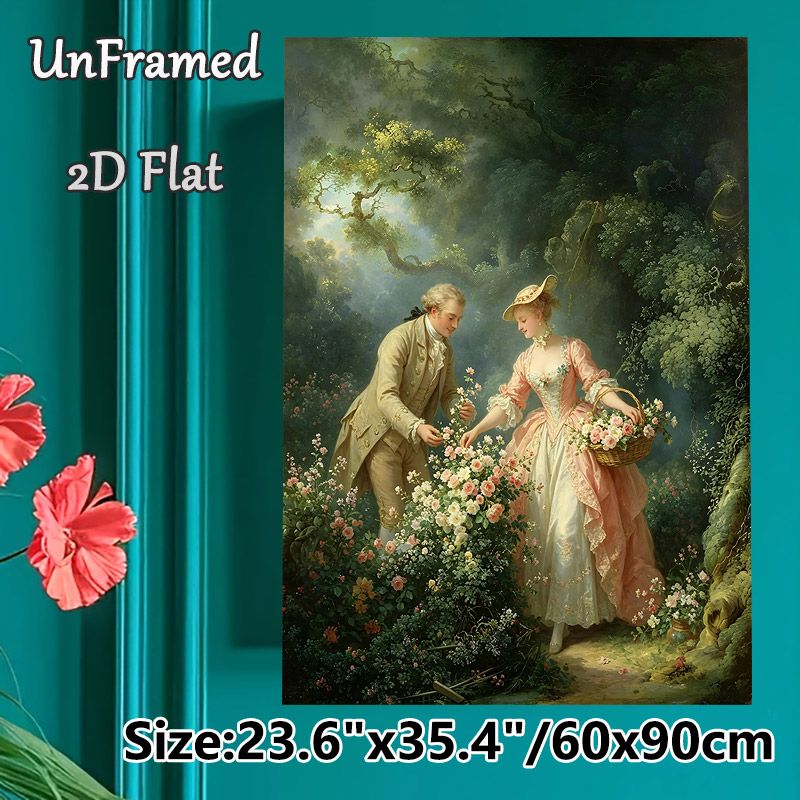 Vintage Aristocratic Couple Flower-picking Painting Poster, Elegant Rococo-style Pastoral Scene Poster, Soft-toned Romantic Artwork Ideal For Living_maomaolike.com