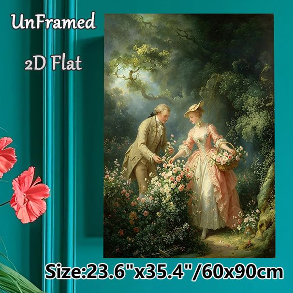 Vintage Aristocratic Couple Flower-picking Painting Poster, Elegant Rococo-style Pastoral Scene Poster, Soft-toned Romantic Artwork Ideal For Living_maomaolike.com