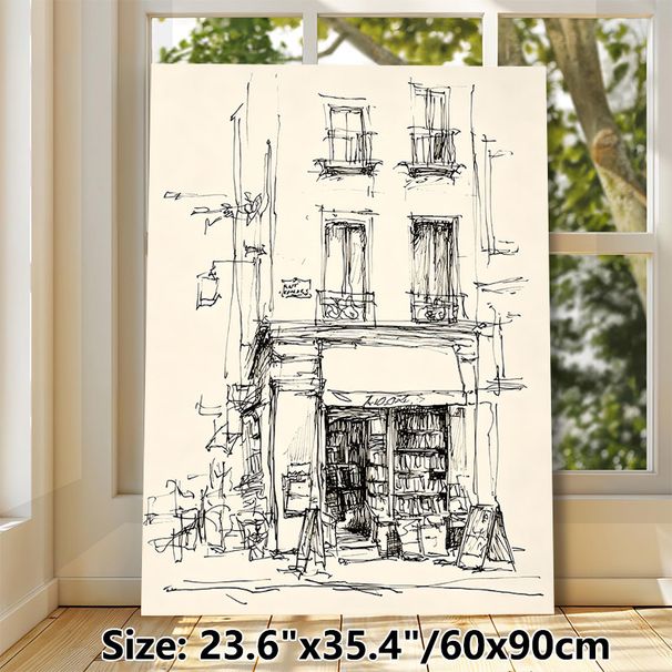 Vintage Building Sketch Painting Poster, Minimalist Hand-drawn Ink Street-side Building Poster, Artistic Sketch Design Adds Refined Charm, Ideal For_maomaolike.com