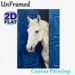 White Horse Painting Poster, Textured Impasto Style Poster, Artistic Rustic Design Featuring White Horse Peeking From Blue Door, Ideal For Living_maomaolike.com