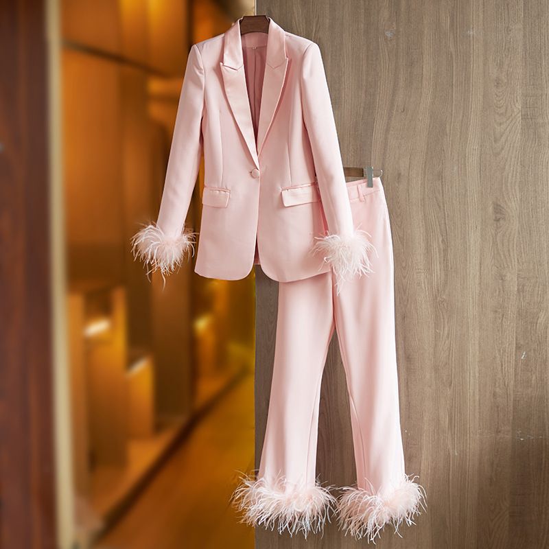 Women's Clothing Autumn and Winter Satin Collar Spliced Blazer Feather Decoration Dress Suit Straight leg Pants Two piece Set_maomaolike.com