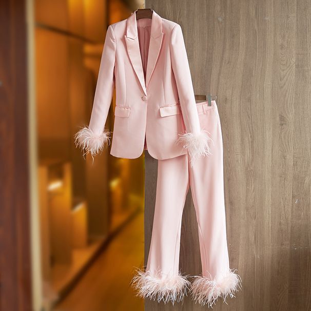 Women's Clothing Autumn and Winter Satin Collar Spliced Blazer Feather Decoration Dress Suit Straight leg Pants Two piece Set_maomaolike.com